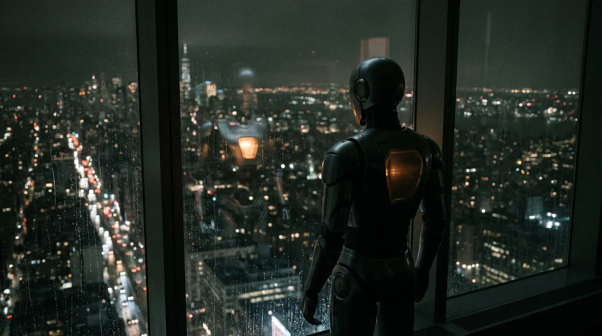 Humanoid robot at a high window over the Manhattan skyline