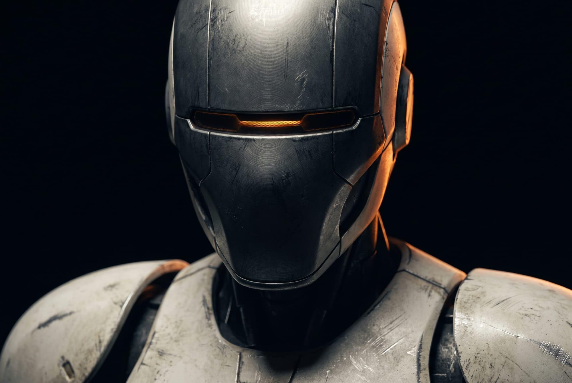 Close portrait of a humanoid robot head and shoulders