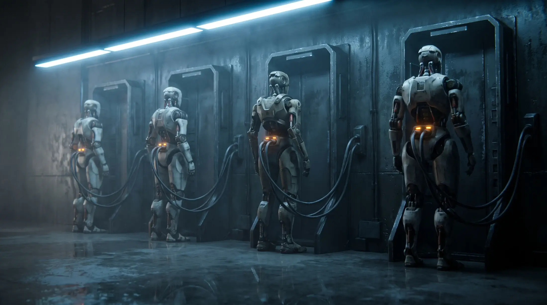Humanoid robots docked in a row of charging bays