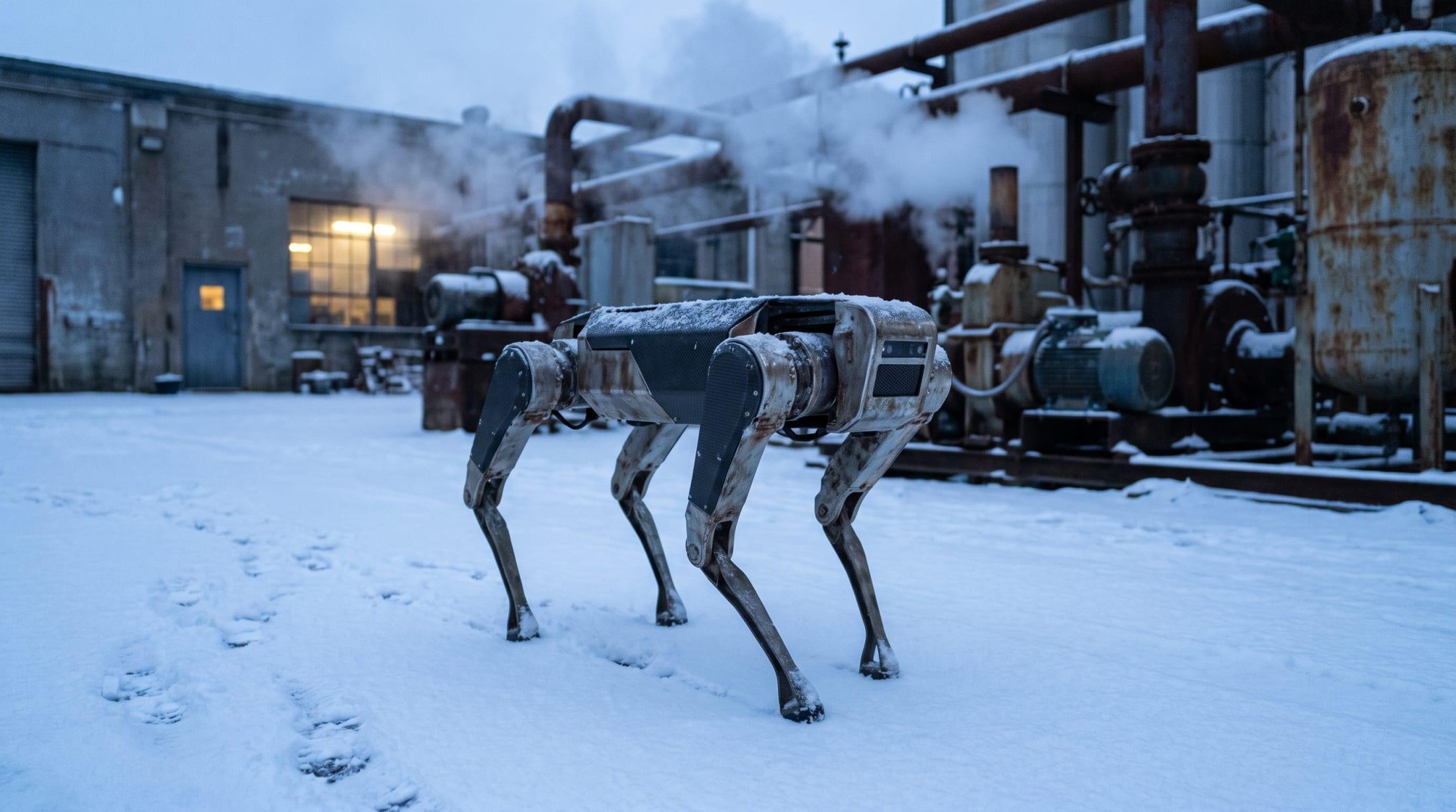 Quadruped robot walking through snow in an industrial yard