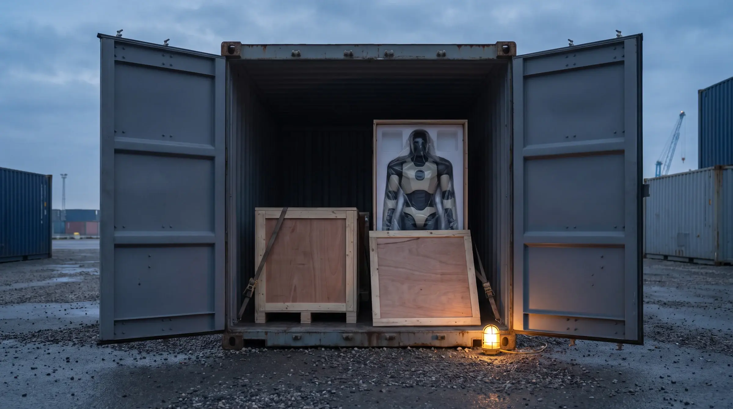 Container terminal at dawn with crated robotics freight