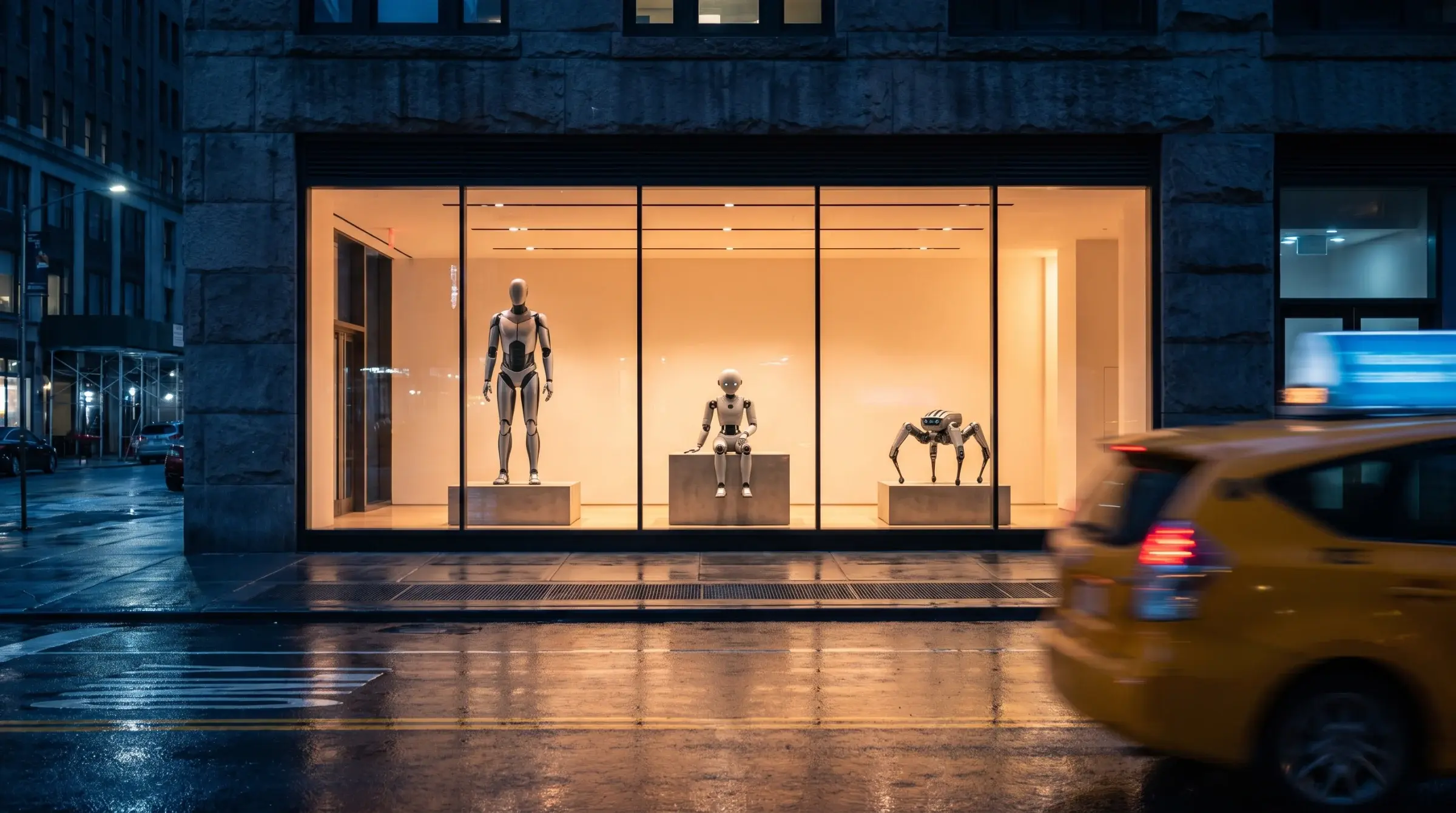 Ground-floor robotics showroom on a Manhattan street at night